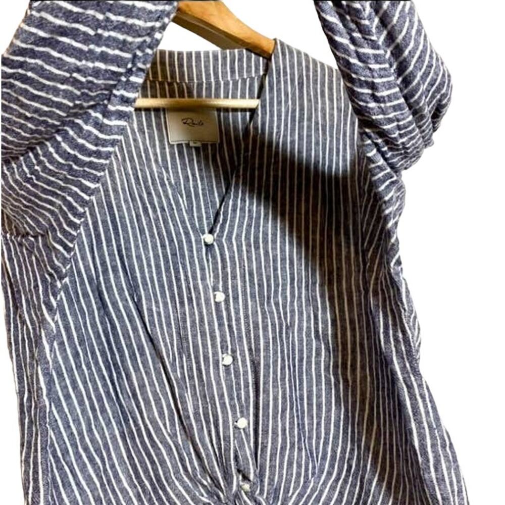 Rails Sloan Linen Blend Striped Tie Waist Crop Long Sleeve Top Blue White Medium - Picture 3 of 11
